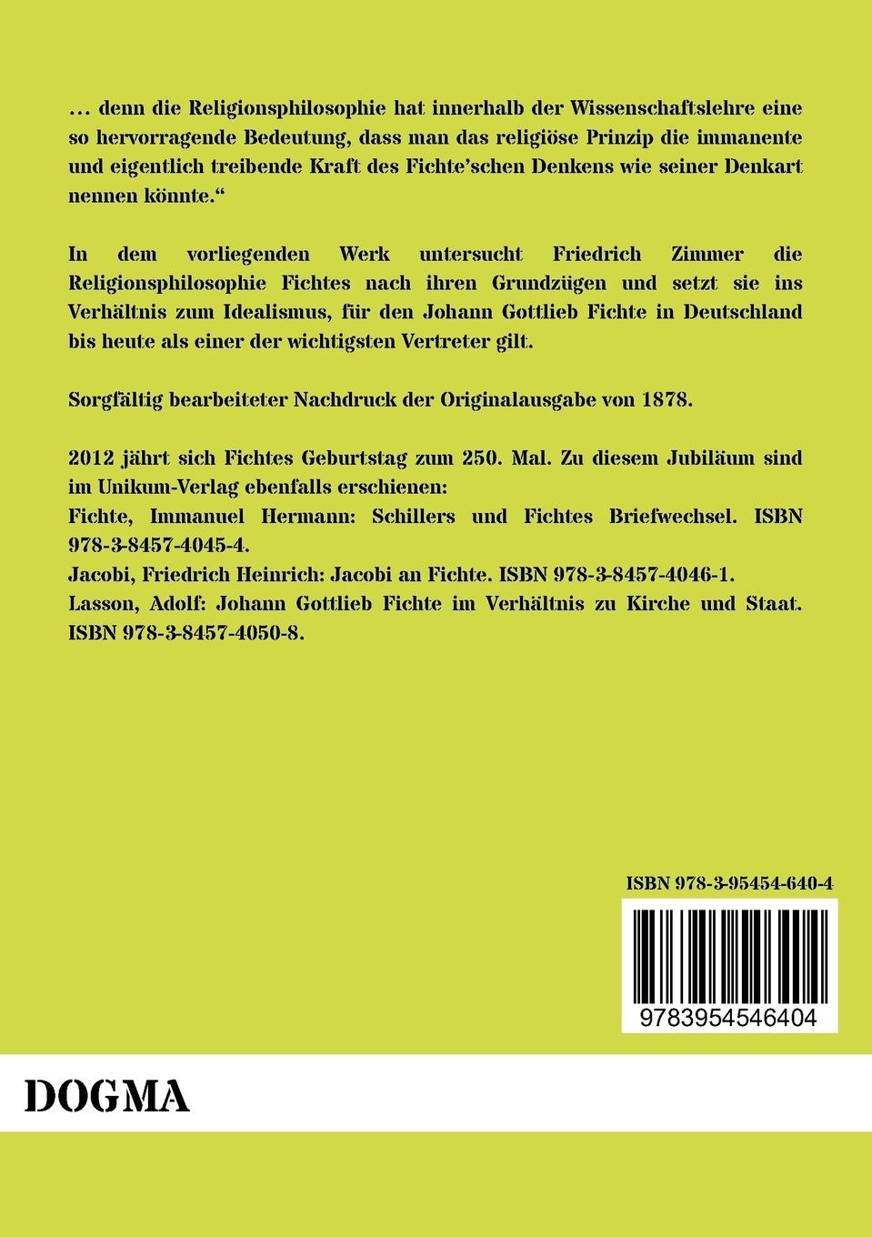 Rückseitencover Johann Gottlieb Fichtes Religionsphilosophie