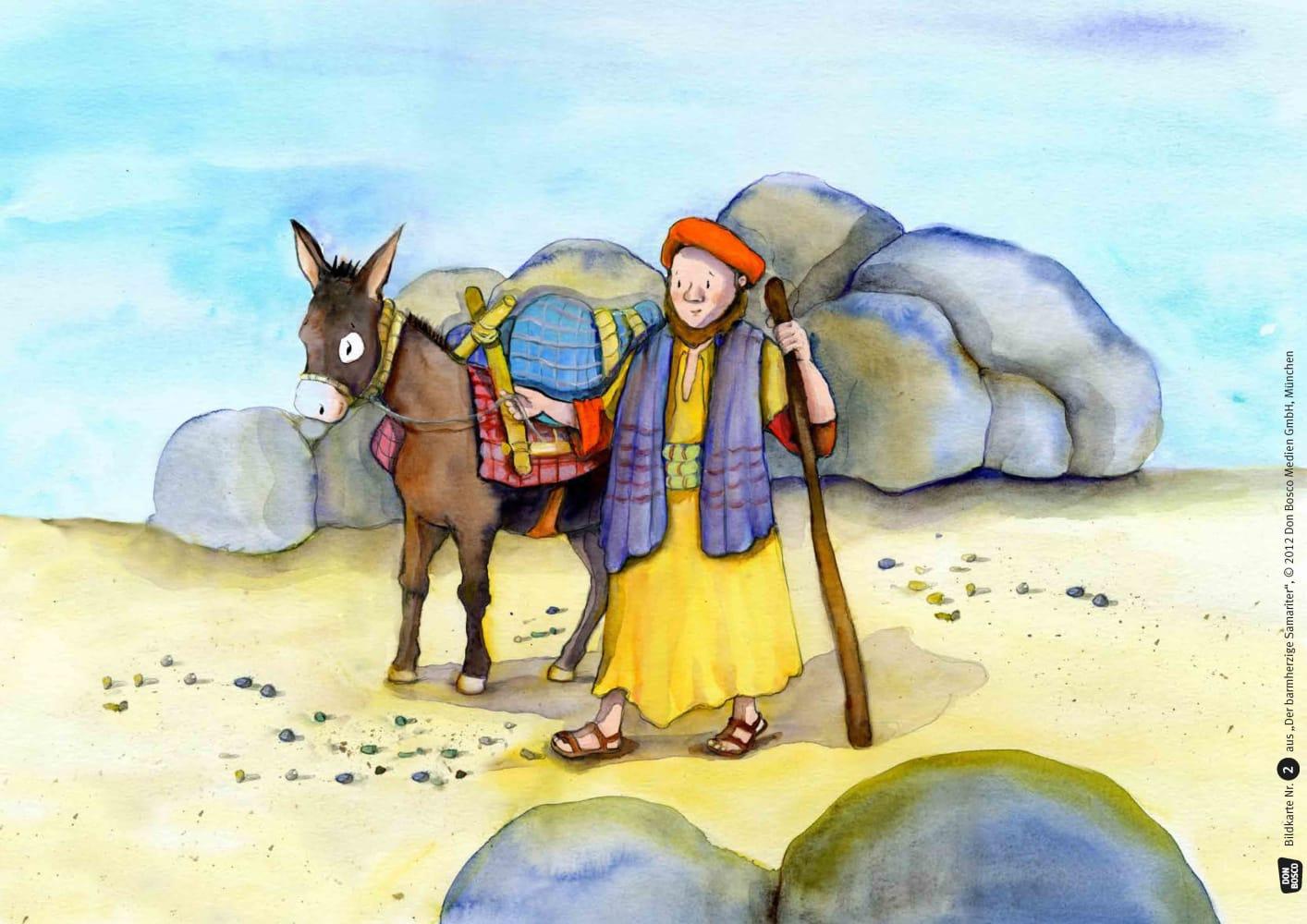 Beispielinhalt (Bild) Der barmherzige Samariter. Kamishibai Bildkartenset