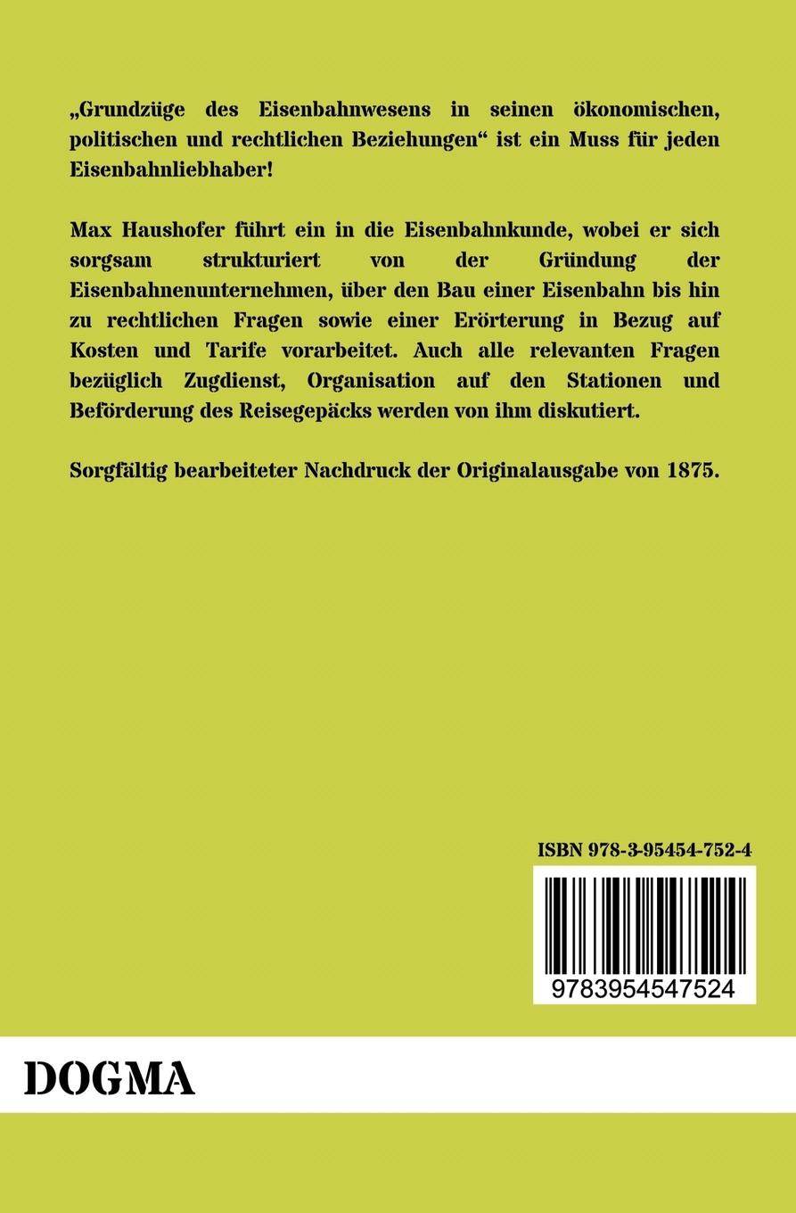 Rückseitencover Grundzüge des Eisenbahnwesens in seinen ökonomischen, politischen und rechtlichen Beziehungen