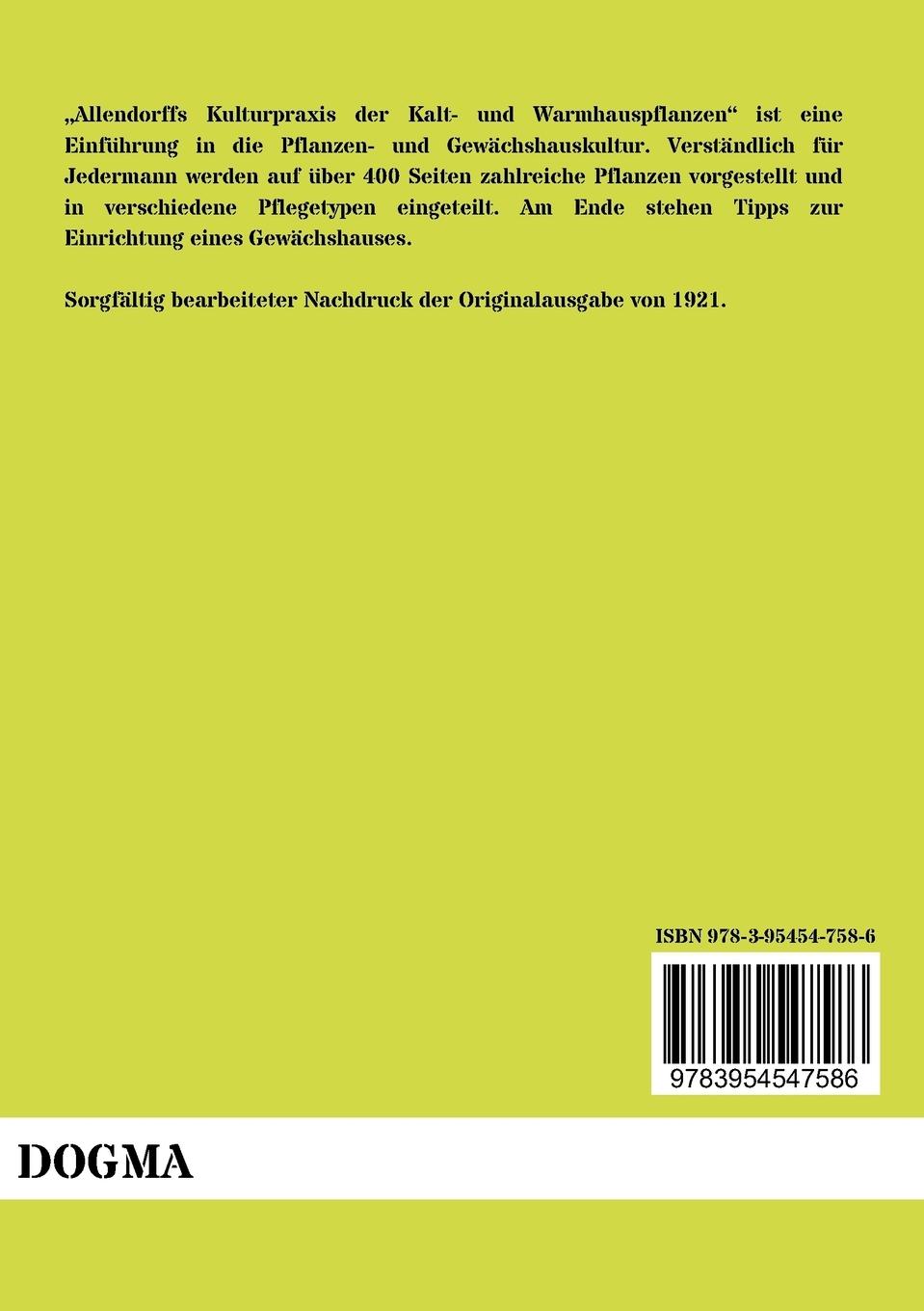 Rückseitencover Allendorffs Kulturpraxis der Kalt- und Warmhauspflanzen