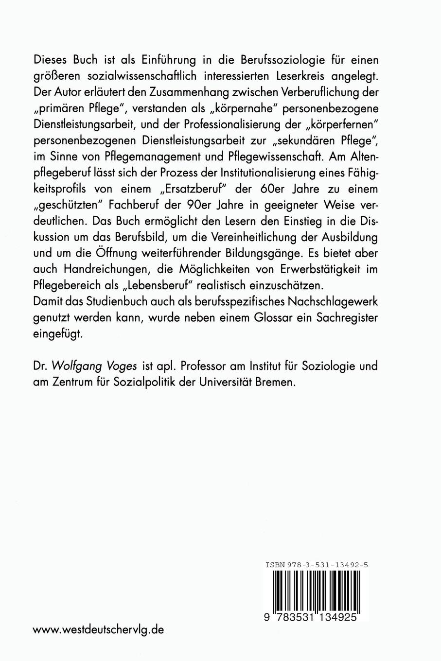 Rückseitencover Pflege alter Menschen als Beruf