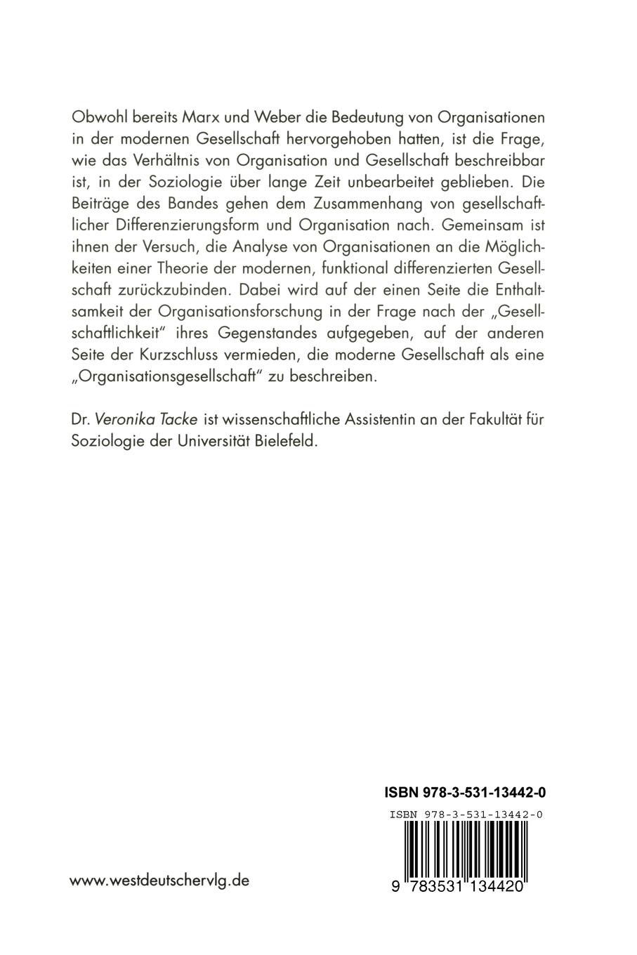 Rückseitencover Organisation und gesellschaftliche Differenzierung