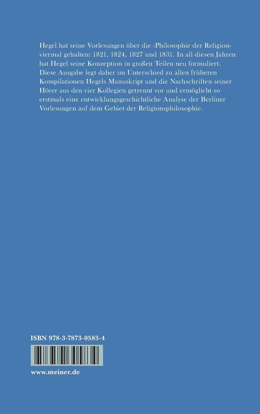 Rückseitencover Vorlesungen. Ausgewählte Nachschriften und Manuskripte / Vorlesungen über die Philosophie der Religion