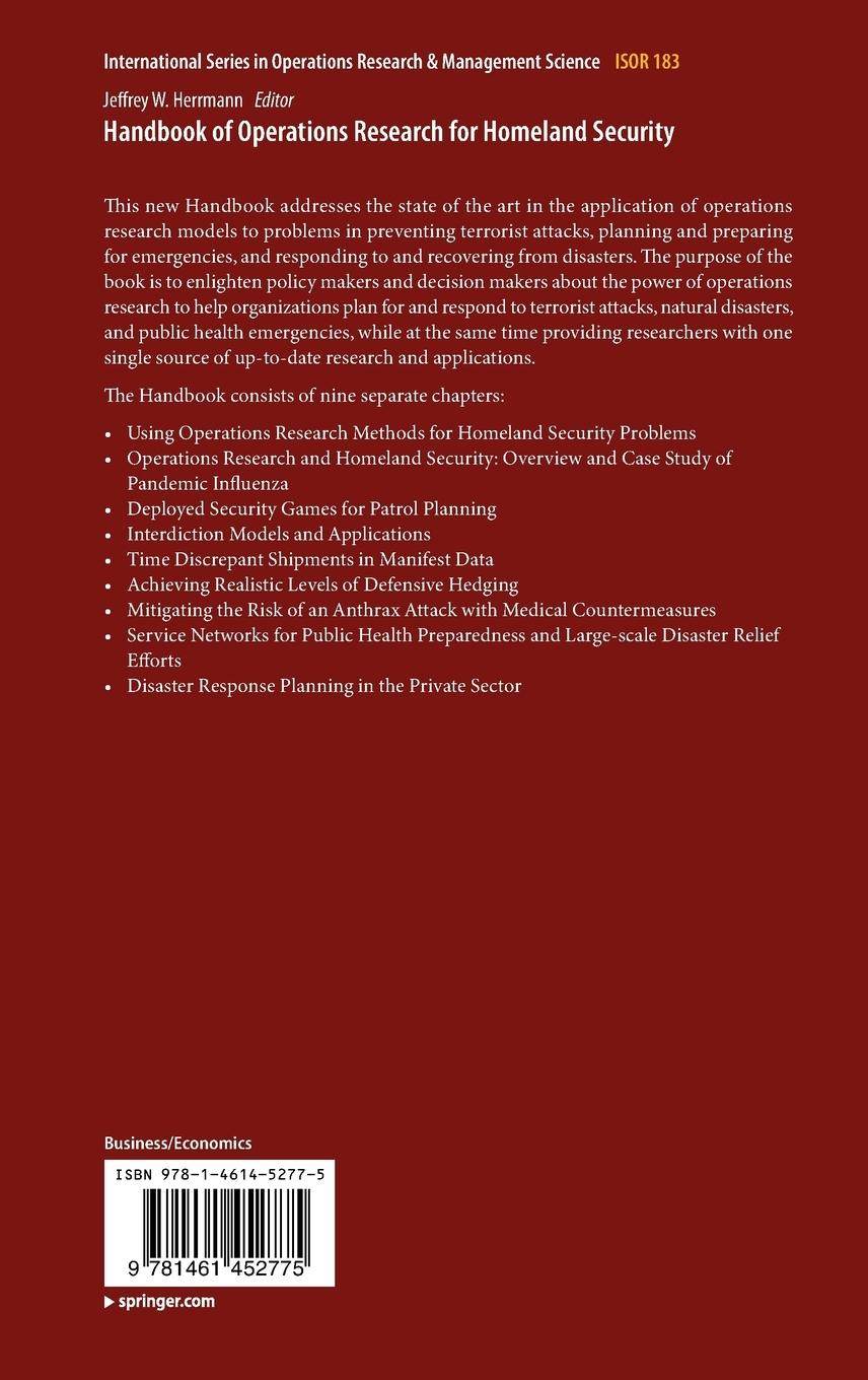 Rückseitencover Handbook of Operations Research for Homeland Security