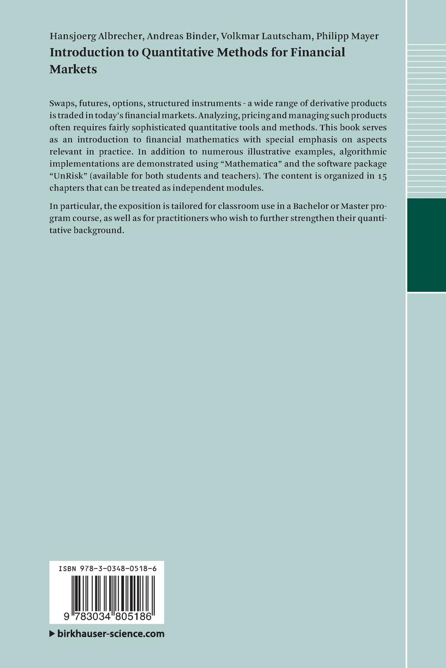 Rückseitencover Introduction to Quantitative Methods for Financial Markets
