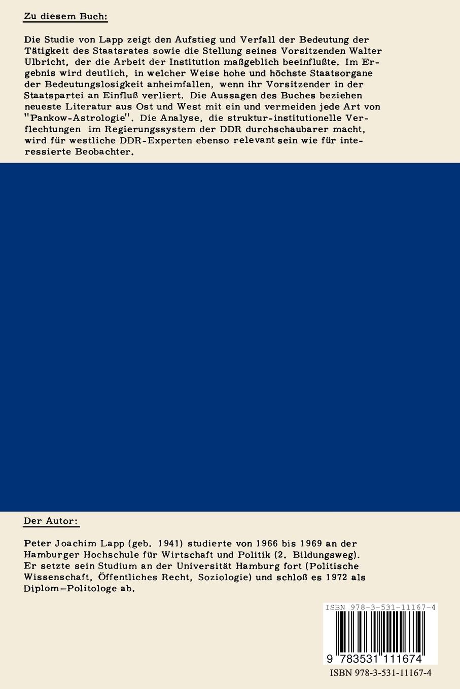 Rückseitencover Der Staatsrat im politischen System der DDR (1960 - 1971)