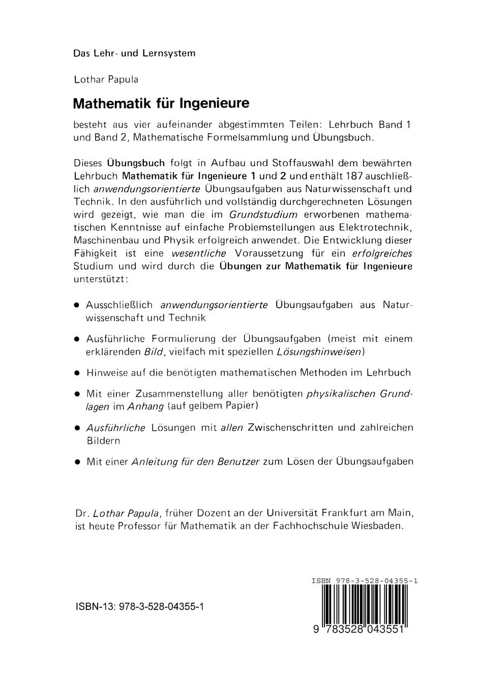 Rückseitencover Übungen zur Mathematik für Ingenieure