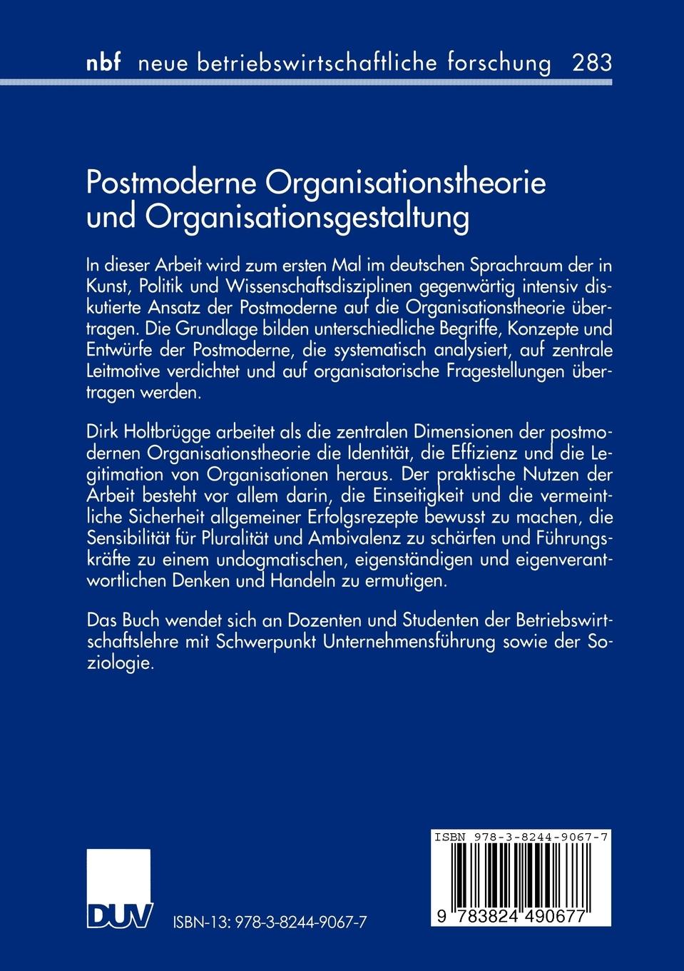 Rückseitencover Postmoderne Organisationstheorie und Organisationsgestaltung