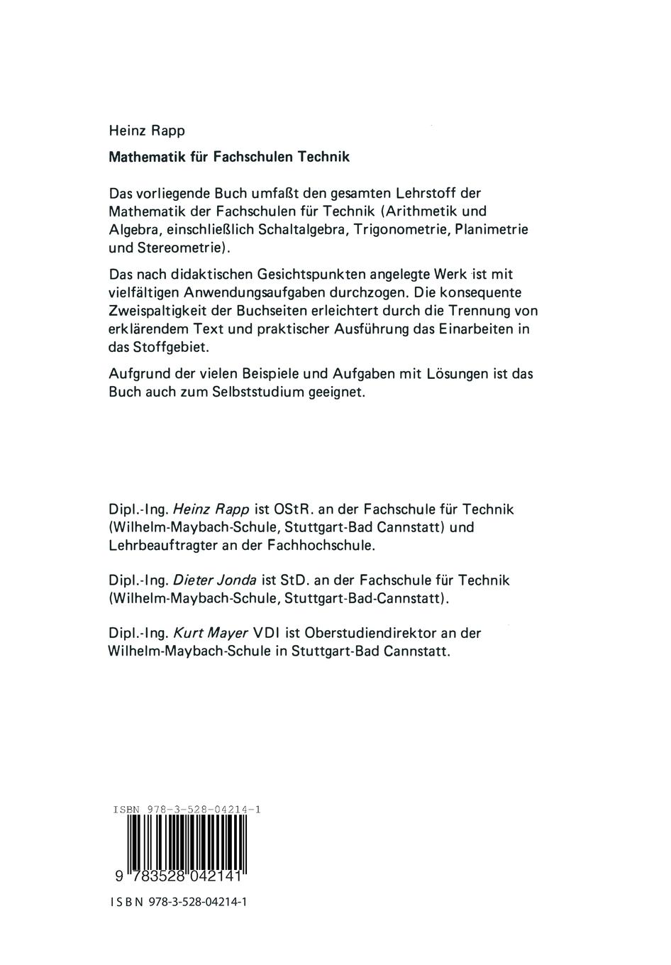 Rückseitencover Mathematik für Fachschulen Technik