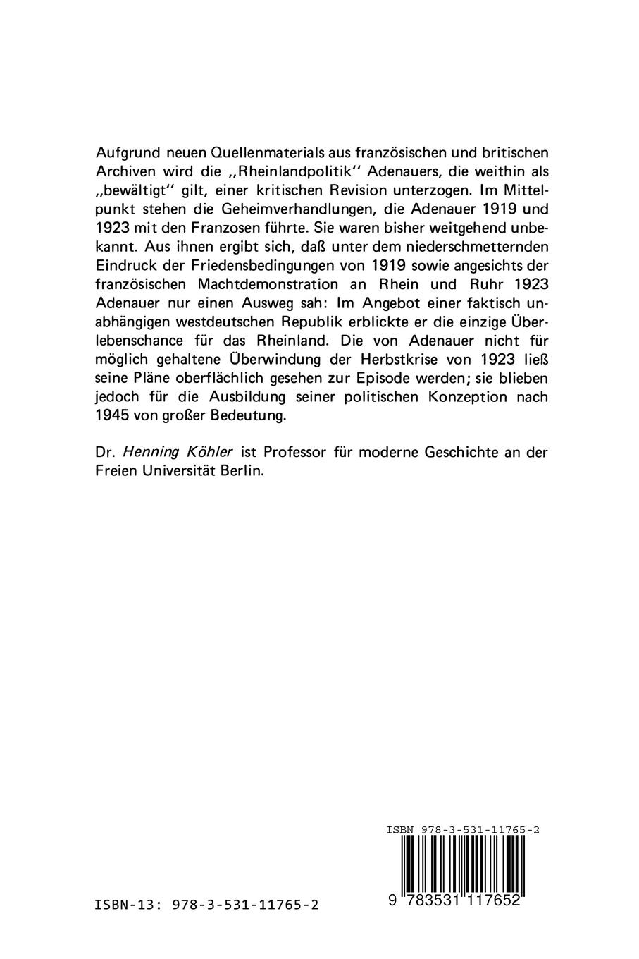 Rückseitencover Adenauer und die rheinische Republik