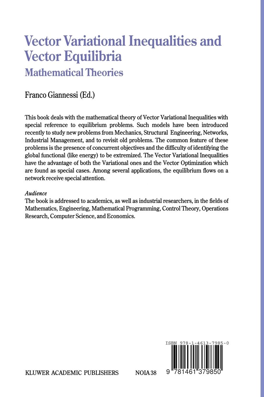 Rückseitencover Vector Variational Inequalities and Vector Equilibria