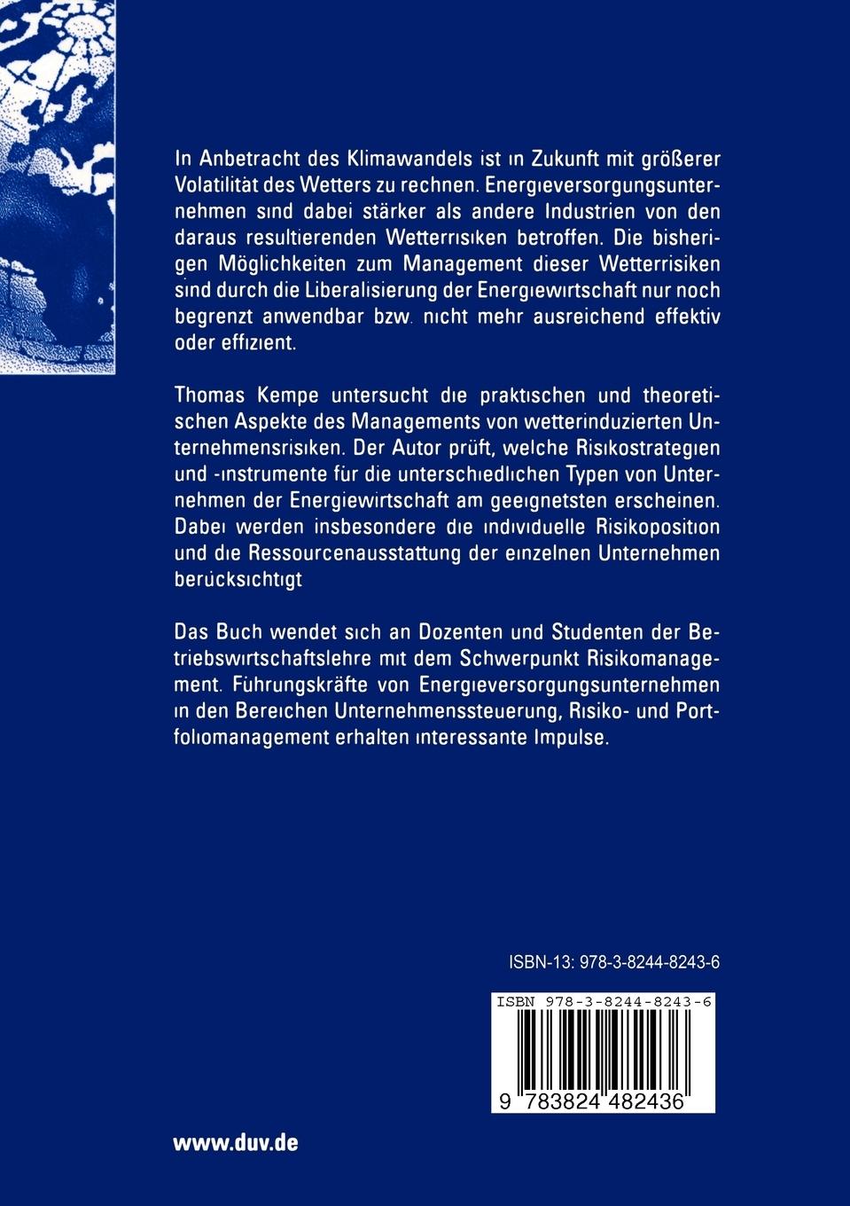Rückseitencover Management wetterinduzierter Risiken in der Energiewirtschaft