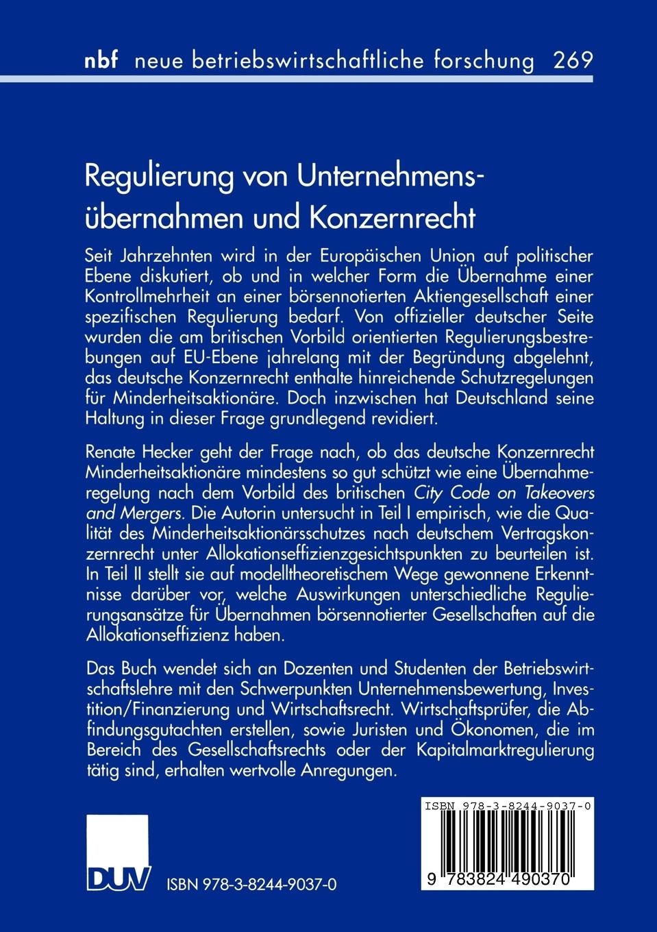 Rückseitencover Regulierung von Unternehmensübernahmen und Konzernrecht