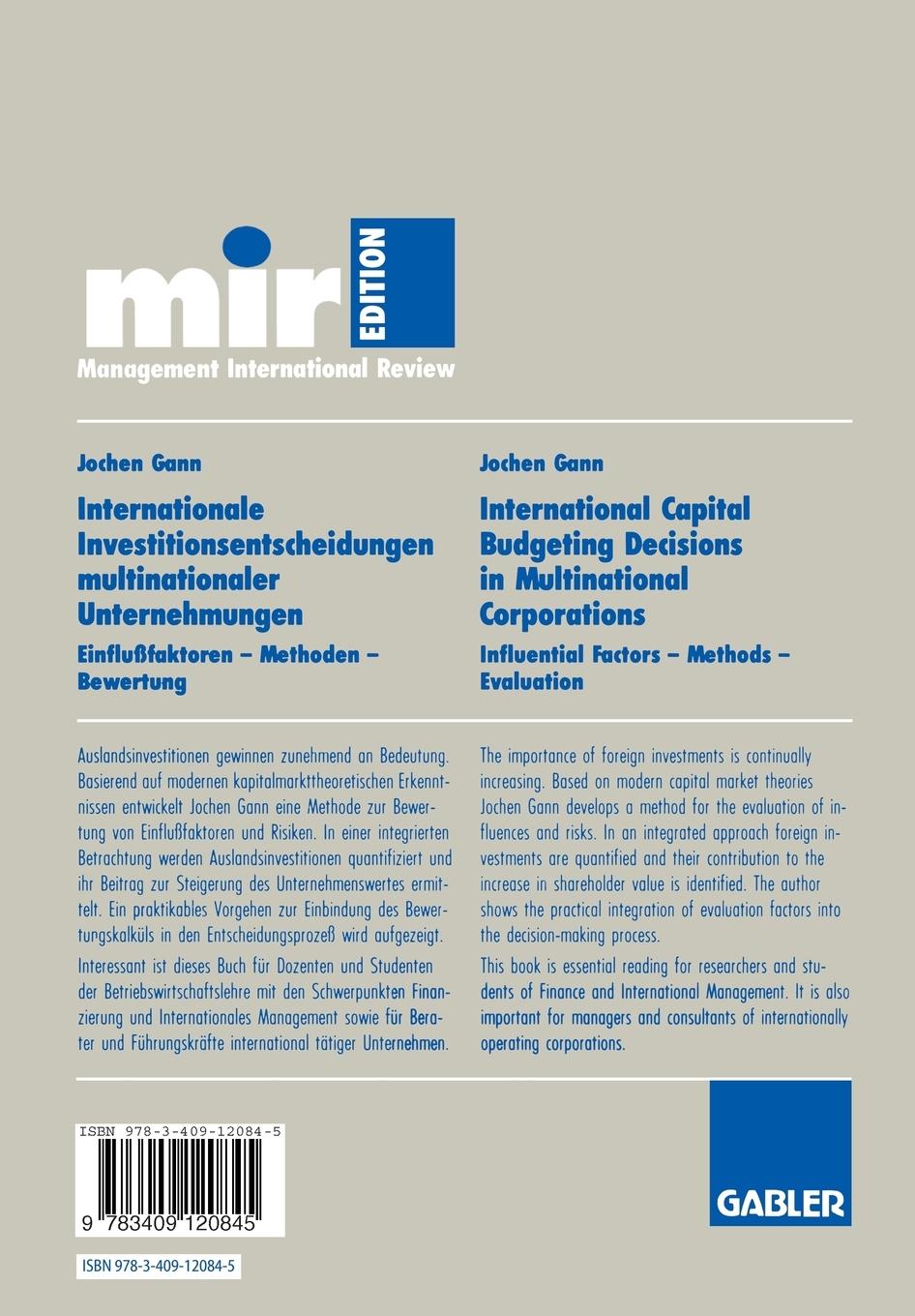 Rückseitencover Internationale Investitionsentscheidungen multinationaler Unternehmungen