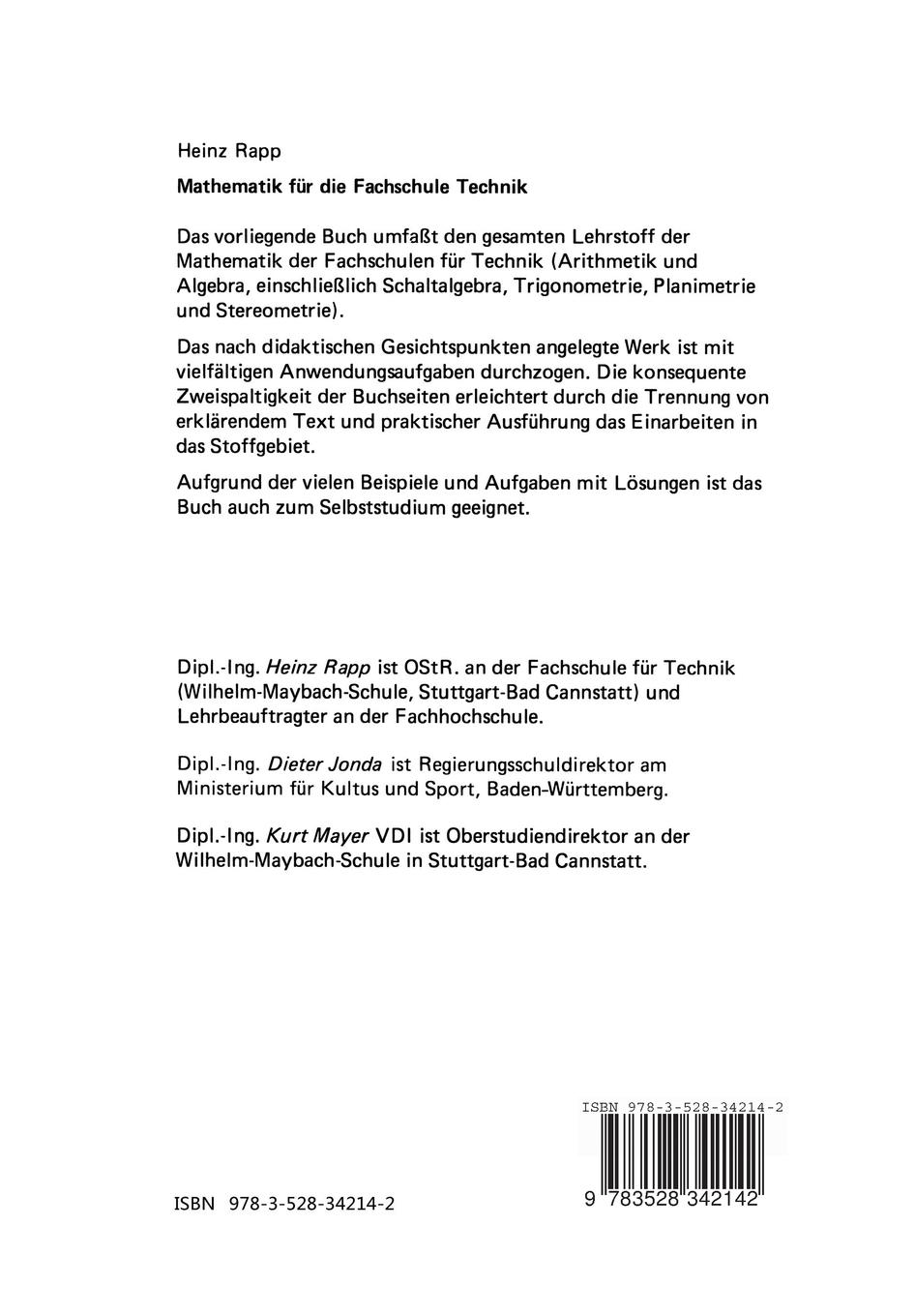 Rückseitencover Mathematik für die Fachschule Technik