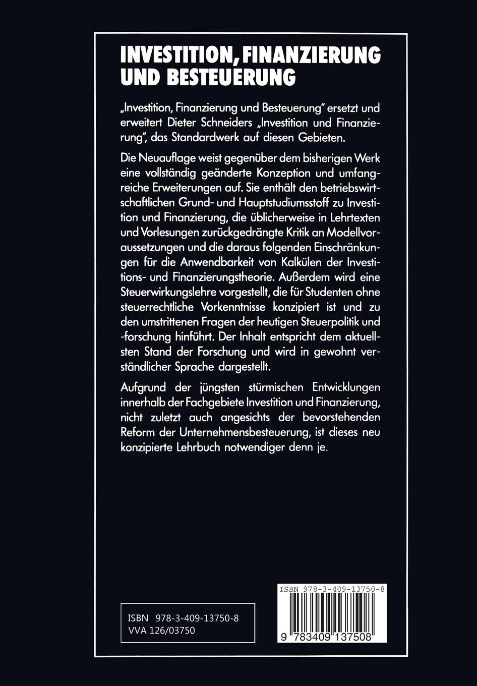 Rückseitencover Investition, Finanzierung und Besteuerung