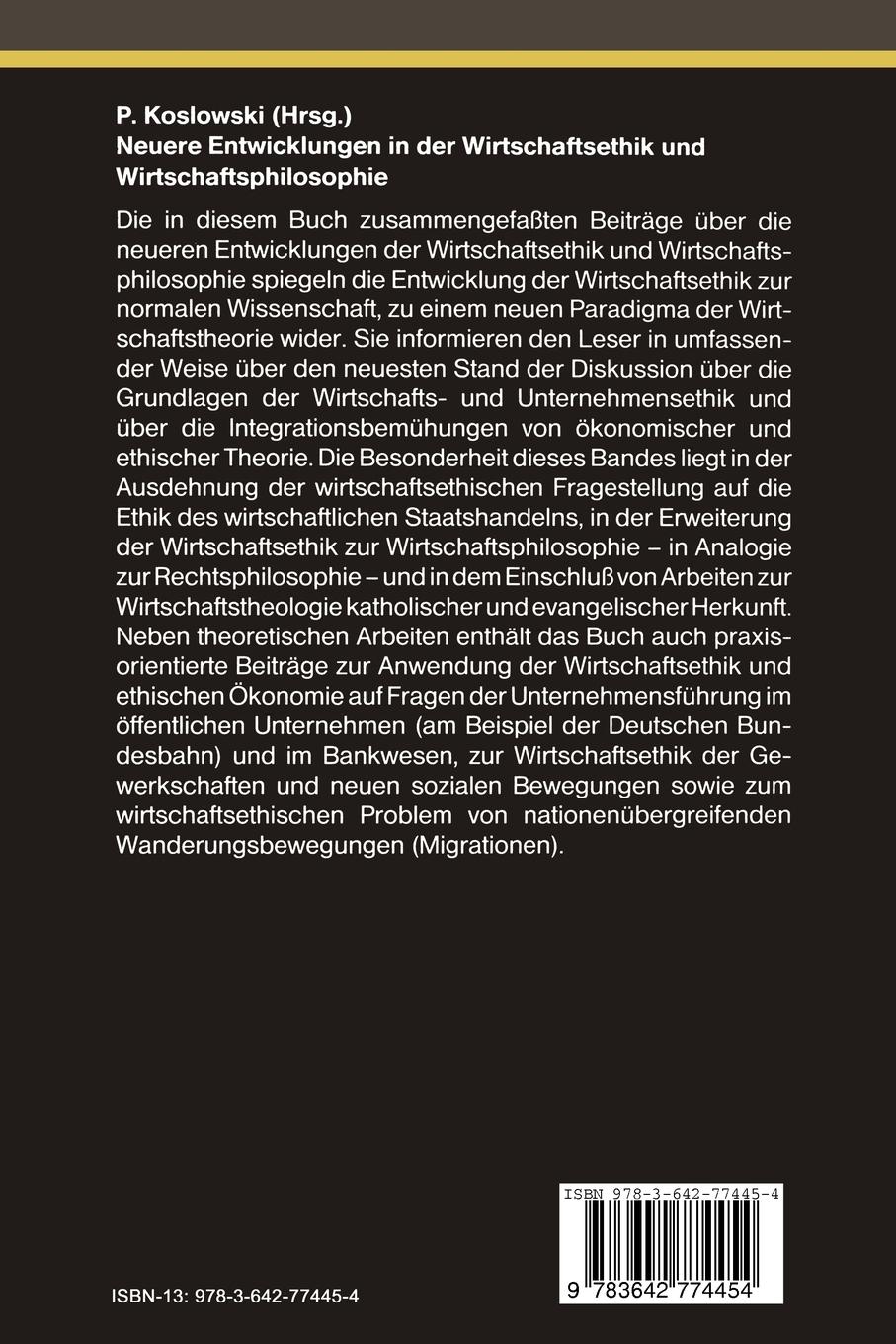Rückseitencover Neuere Entwicklungen in der Wirtschaftsethik und Wirtschaftsphilosophie