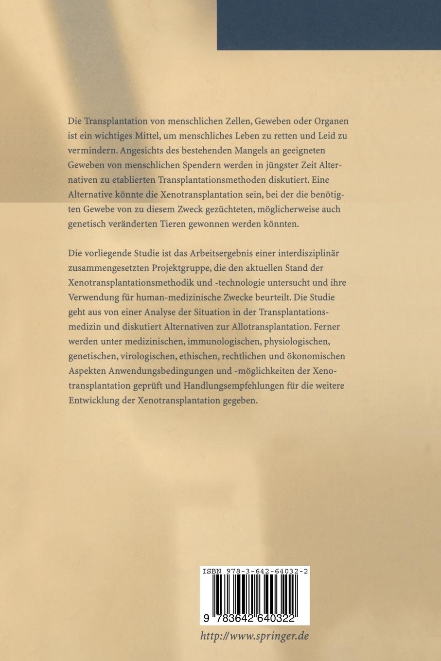 Rückseitencover Xenotransplantation von Zellen, Geweben oder Organen