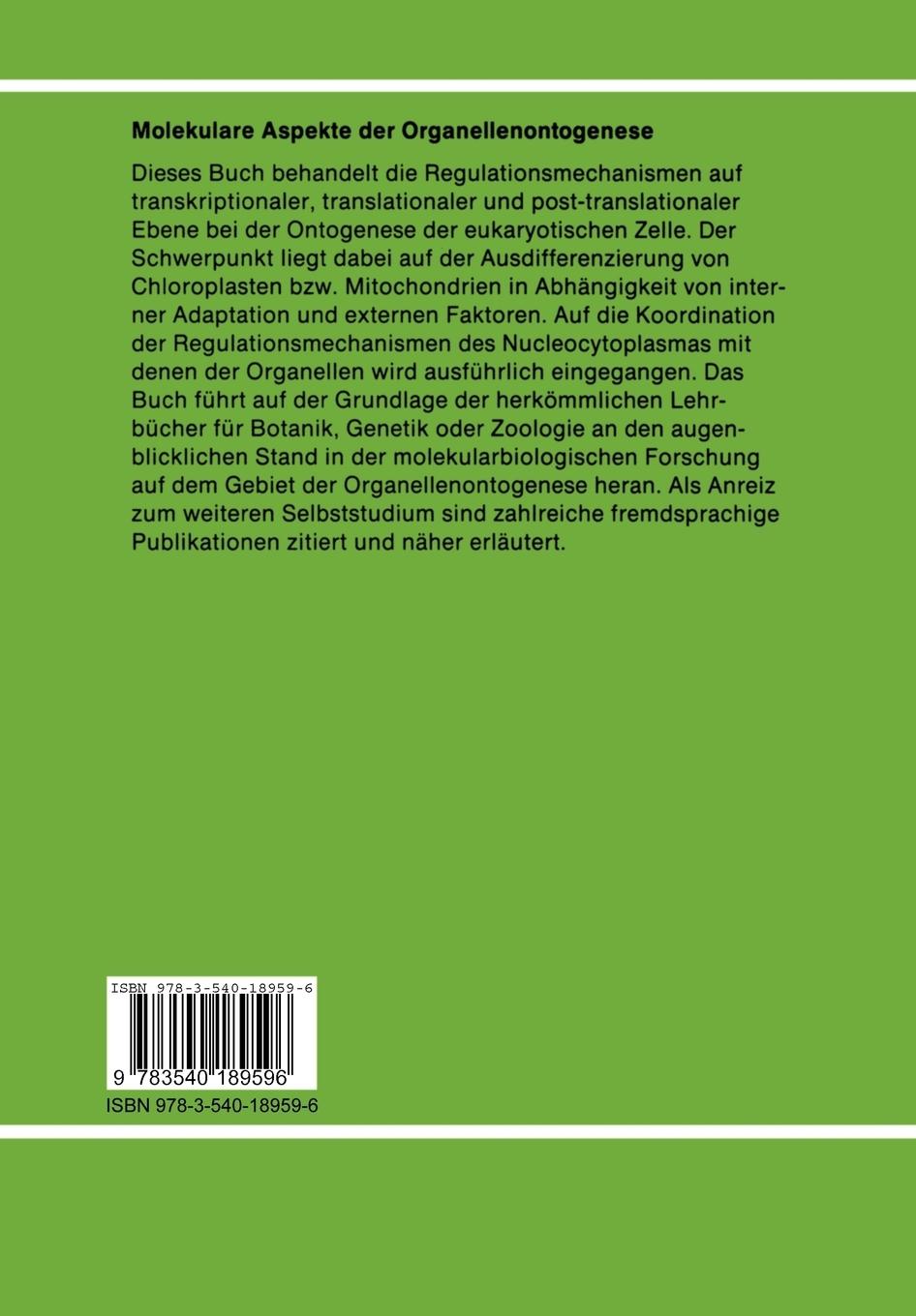 Rückseitencover Molekulare Aspekte der Organellenontogenese