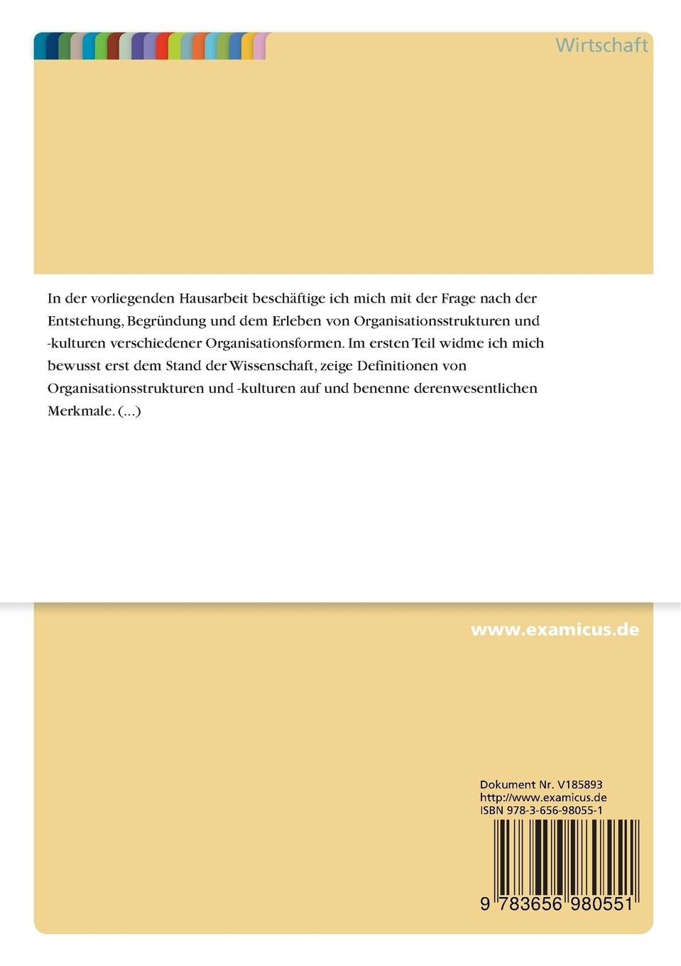 Rückseitencover Darstellung der Organisationskulturen anhand verbreiteter Organisationsmuster und der virtuellen Organisation als Alternative