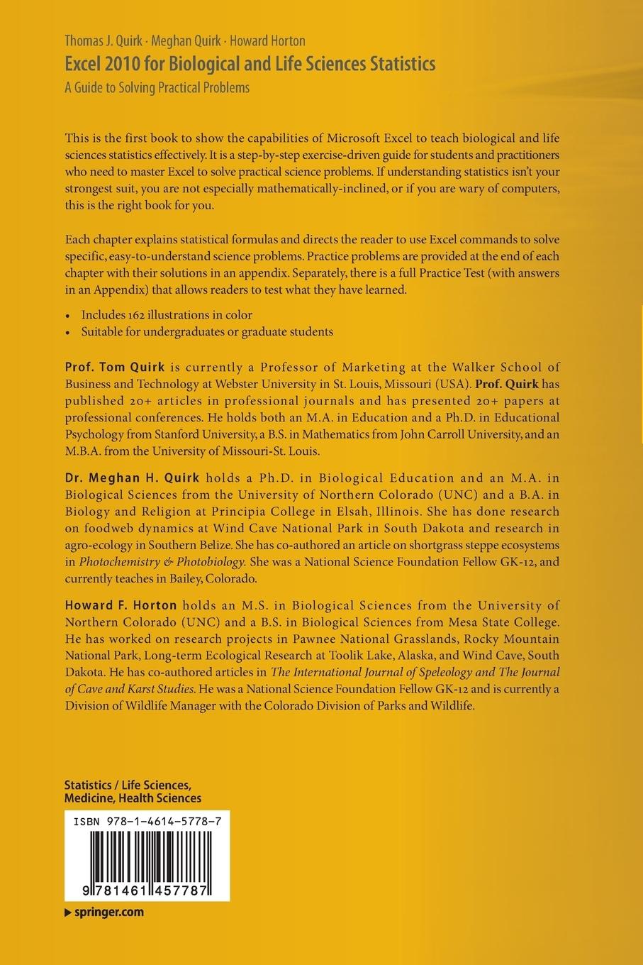 Rückseitencover Excel 2010 for Biological and Life Sciences Statistics