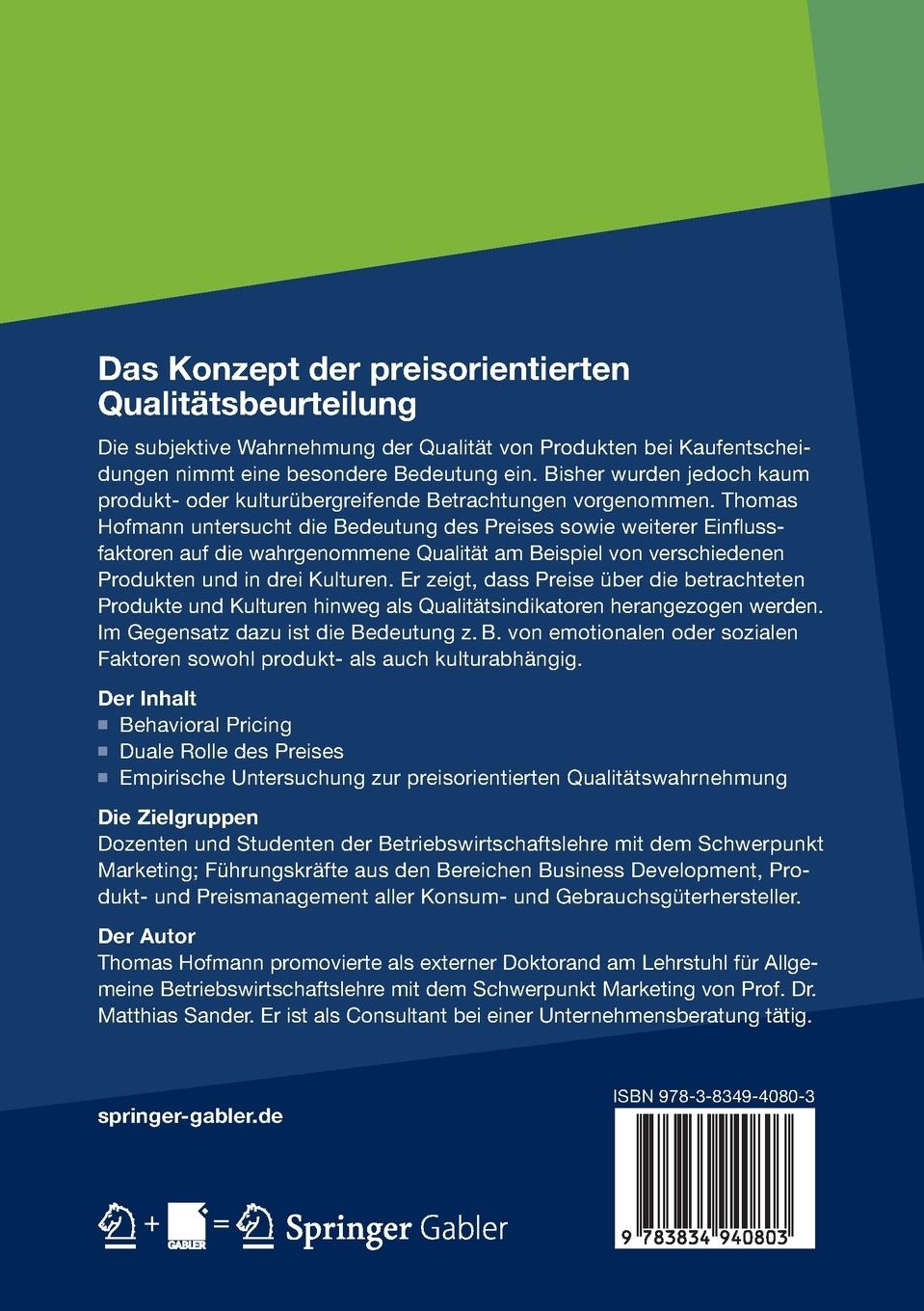 Rückseitencover Das Konzept der preisorientierten Qualitätsbeurteilung