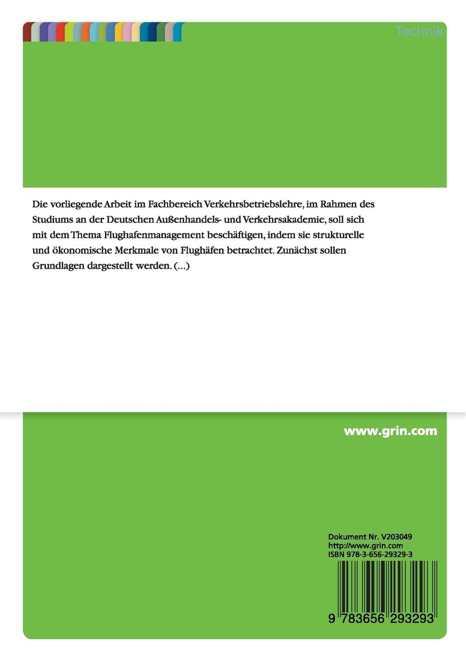 Rückseitencover Flughafenmanagement - Strukturelle und ökonomische Merkmale von Flughäfen