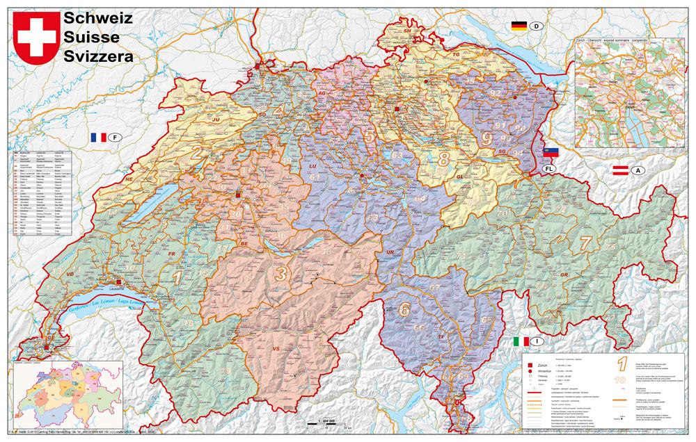 Vorderes Coverbild Schweiz Postleitzahlen 1 : 400 000. Wandkarte laminiert Poster
