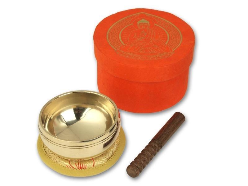 Beispielinhalt (Bild) Kleine hochglanz Klangschale in orangefarbiger Box mit Buddha-Aufdruck