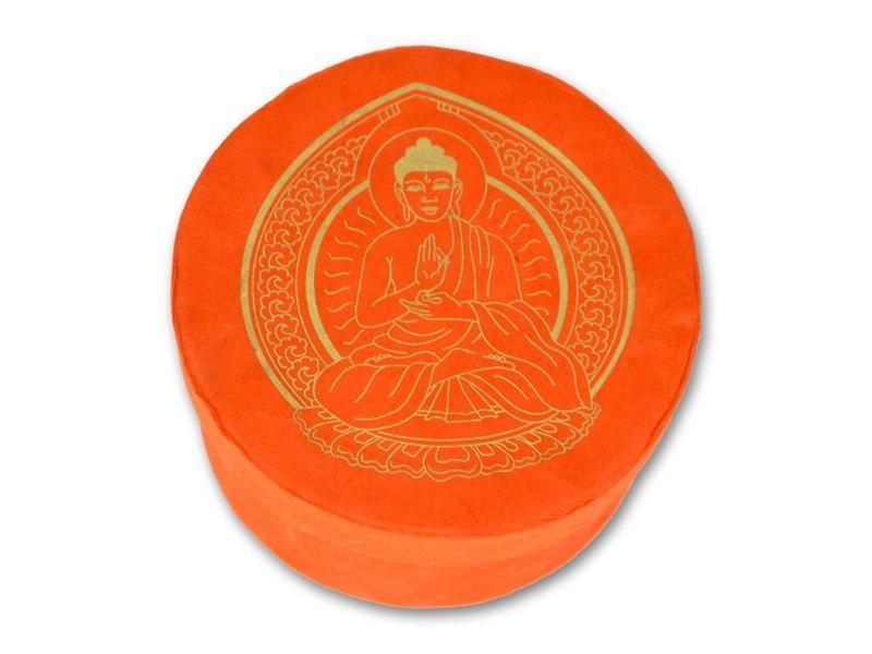 Beispielinhalt (Bild) Kleine hochglanz Klangschale in orangefarbiger Box mit Buddha-Aufdruck