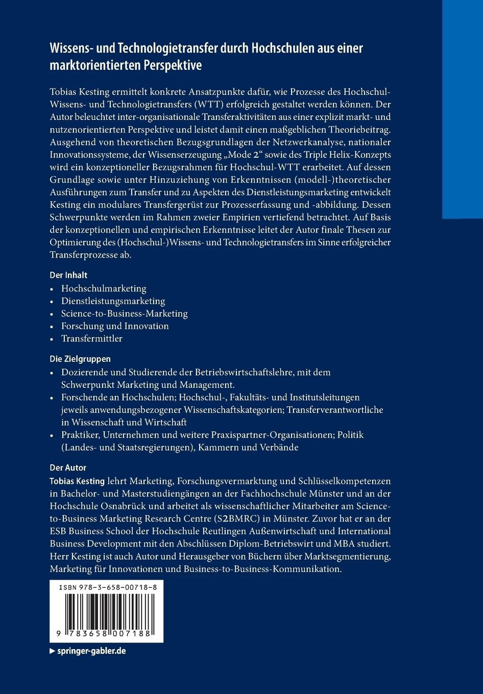 Rückseitencover Wissens- und Technologietransfer durch Hochschulen aus einer marktorientierten Perspektive