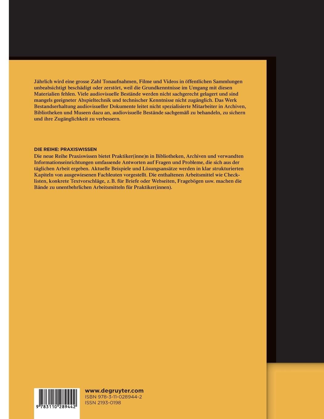 Rückseitencover Bestandserhaltung audiovisueller Dokumente