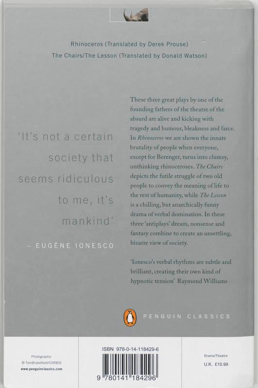 Rückseitencover Rhinoceros, The Chairs, The Lesson