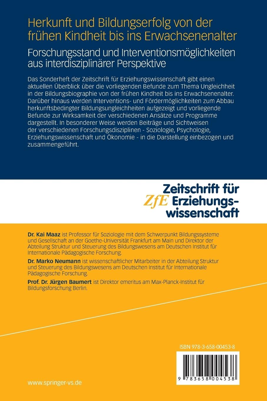 Rückseitencover Herkunft und Bildungserfolg von der frühen Kindheit bis ins Erwachsenenalter