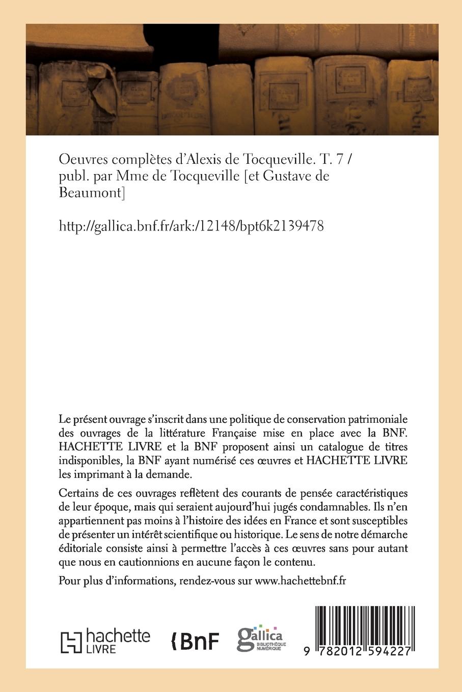 Rückseitencover Oeuvres Complètes d'Alexis de Tocqueville. T. 7 (Éd.1864-1866)