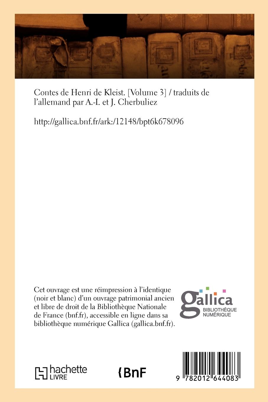 Rückseitencover Contes de Henri de Kleist. [Volume 3] (Éd.1832)