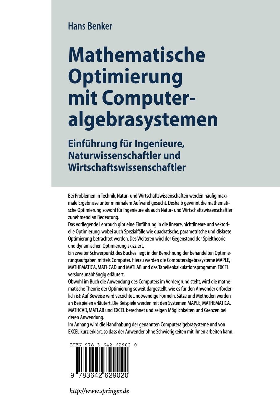 Rückseitencover Mathematische Optimierung mit Computeralgebrasystemen