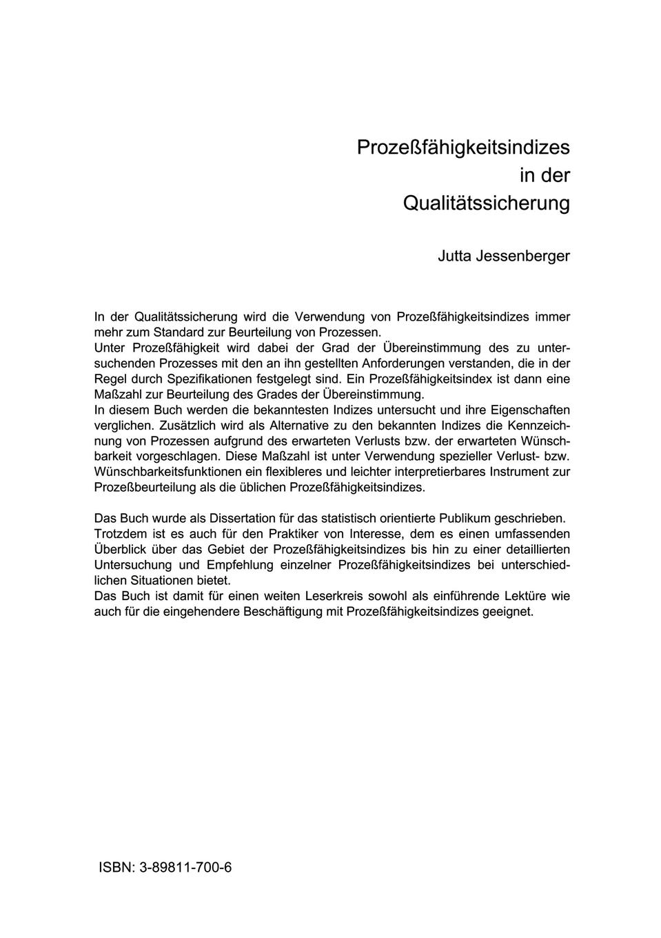 Rückseitencover Prozeßfähigkeitsindizes in der Qualitätssicherung