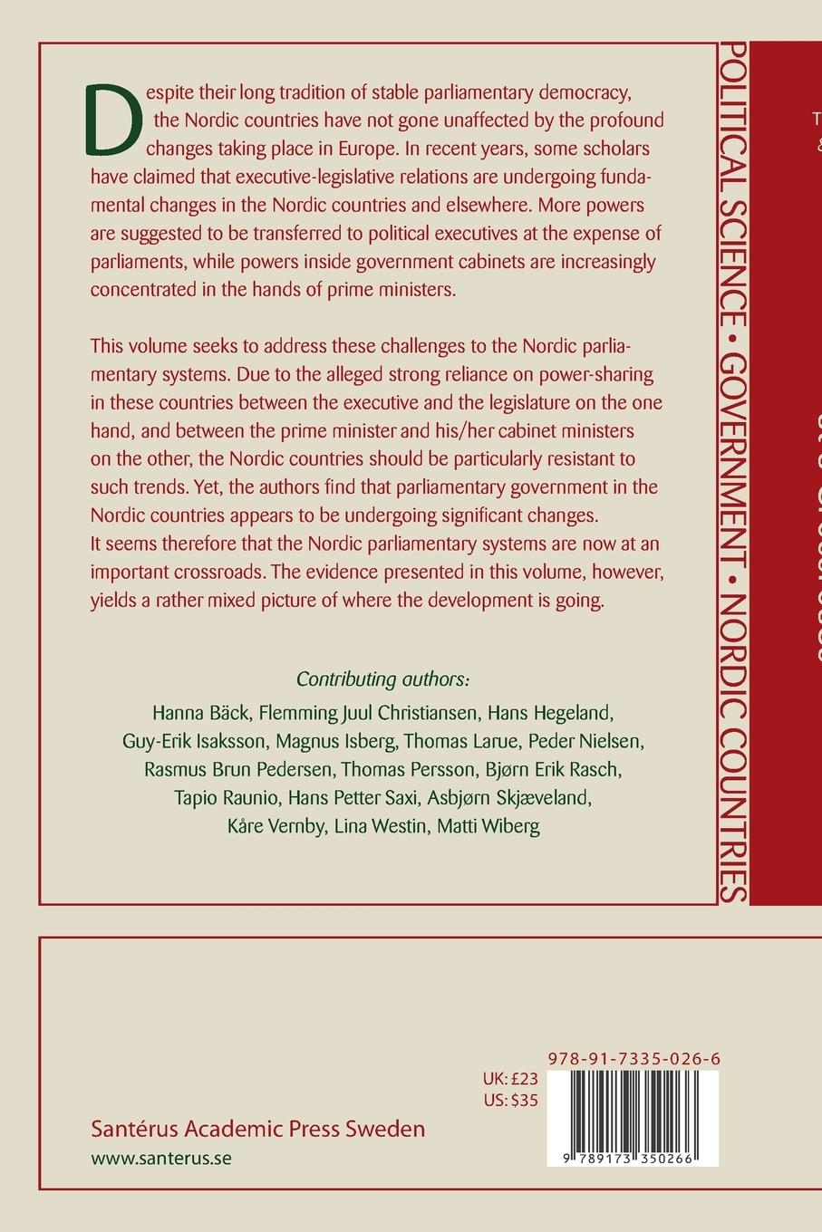 Rückseitencover Parliamentary Government in the Nordic Countries at a Crossroads