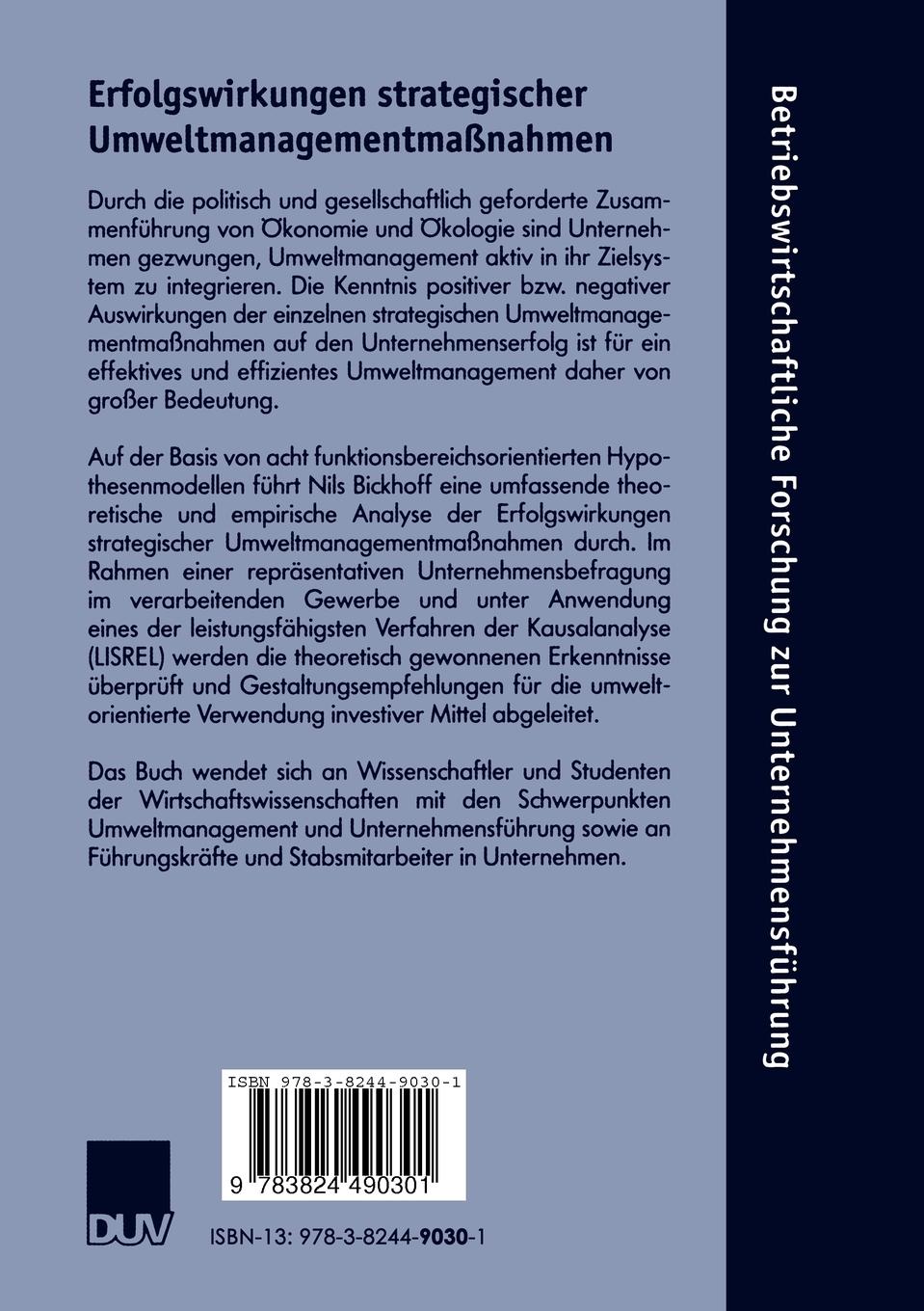 Rückseitencover Erfolgswirkungen strategischer Umweltmanagementmaßnahmen