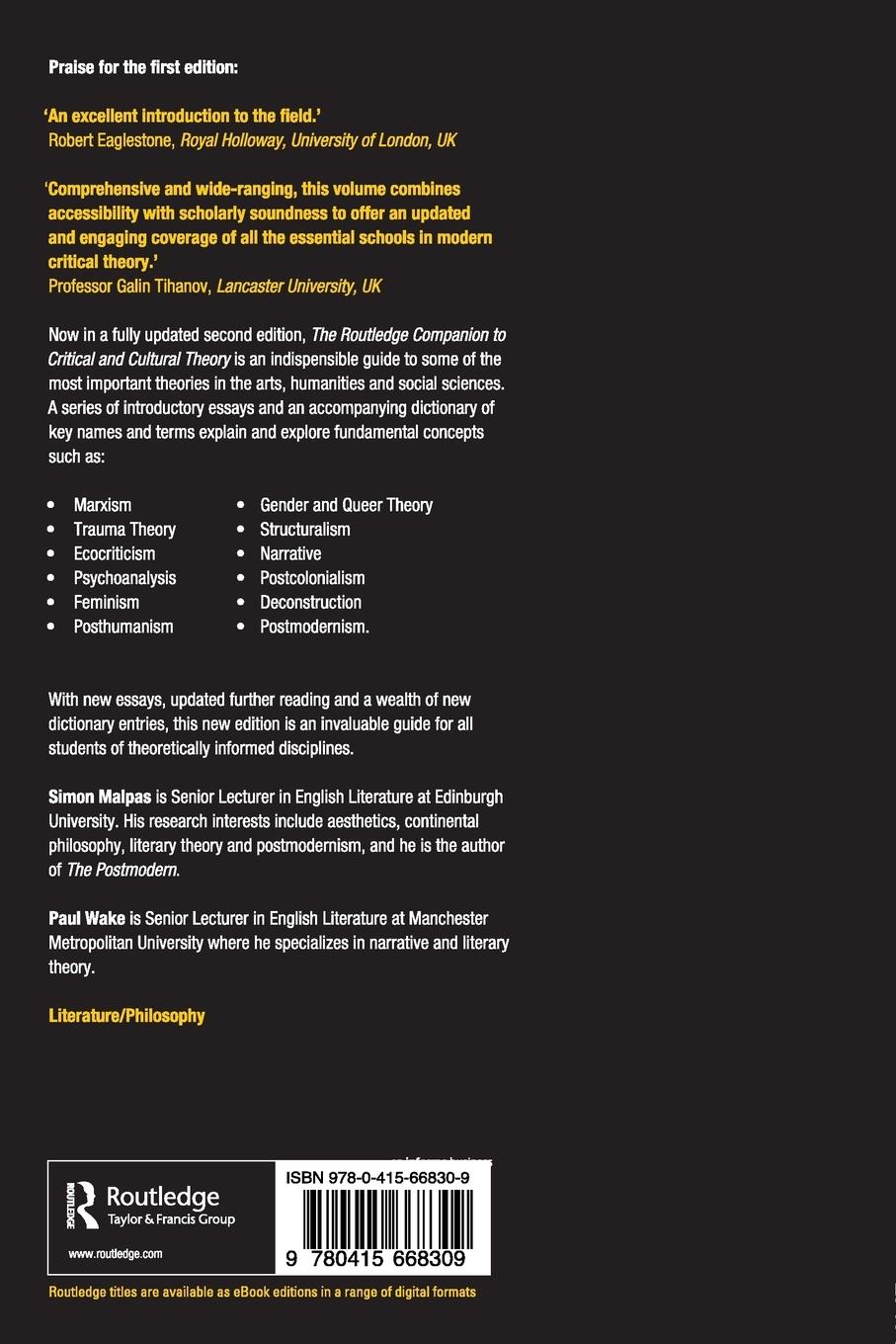 Rückseitencover The Routledge Companion to Critical and Cultural Theory