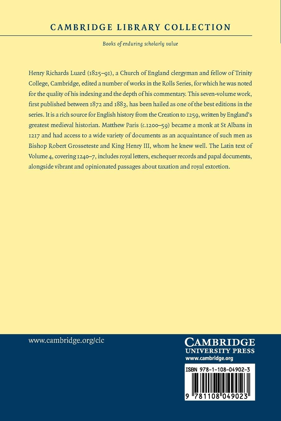 Rückseitencover Matthaei Parisiensis Chronica Majora - Volume 4