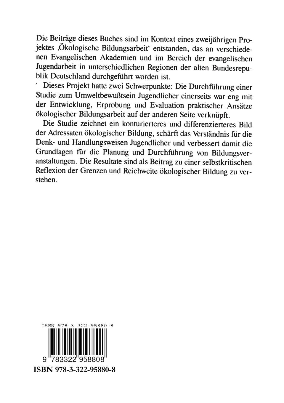 Rückseitencover Umweltbewußtsein und ökologische Bildung