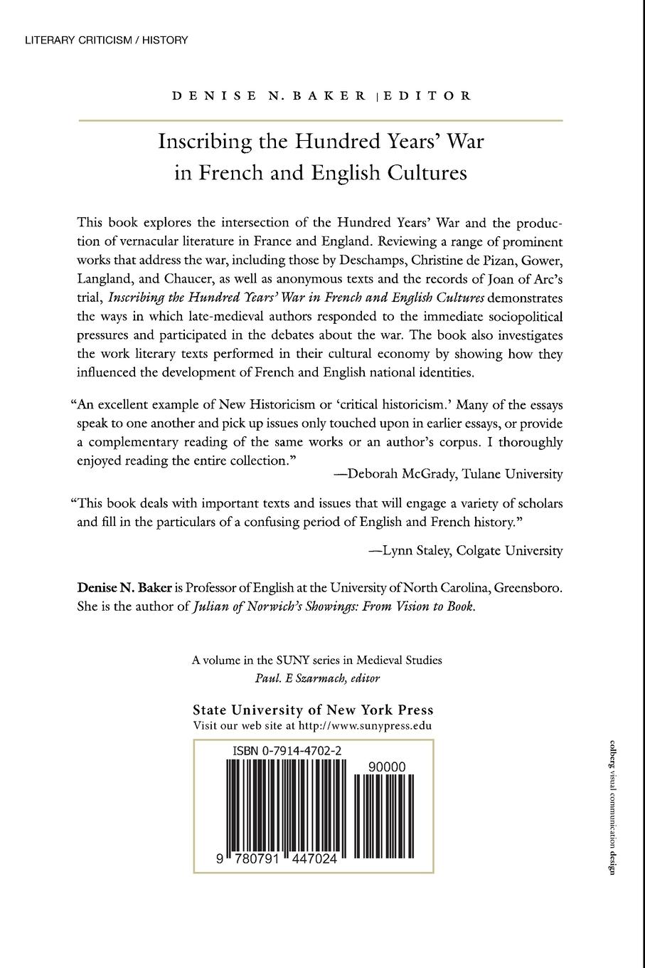 Rückseitencover Inscribing the Hundred Years' War in French and English Cultures