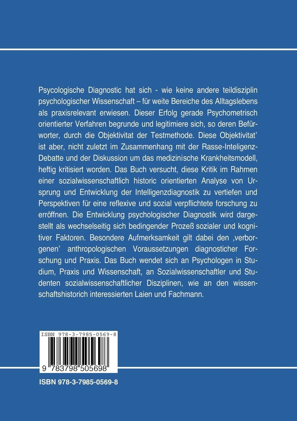 Rückseitencover Die Sozialen Ursprünge Psychologischer Diagnostik