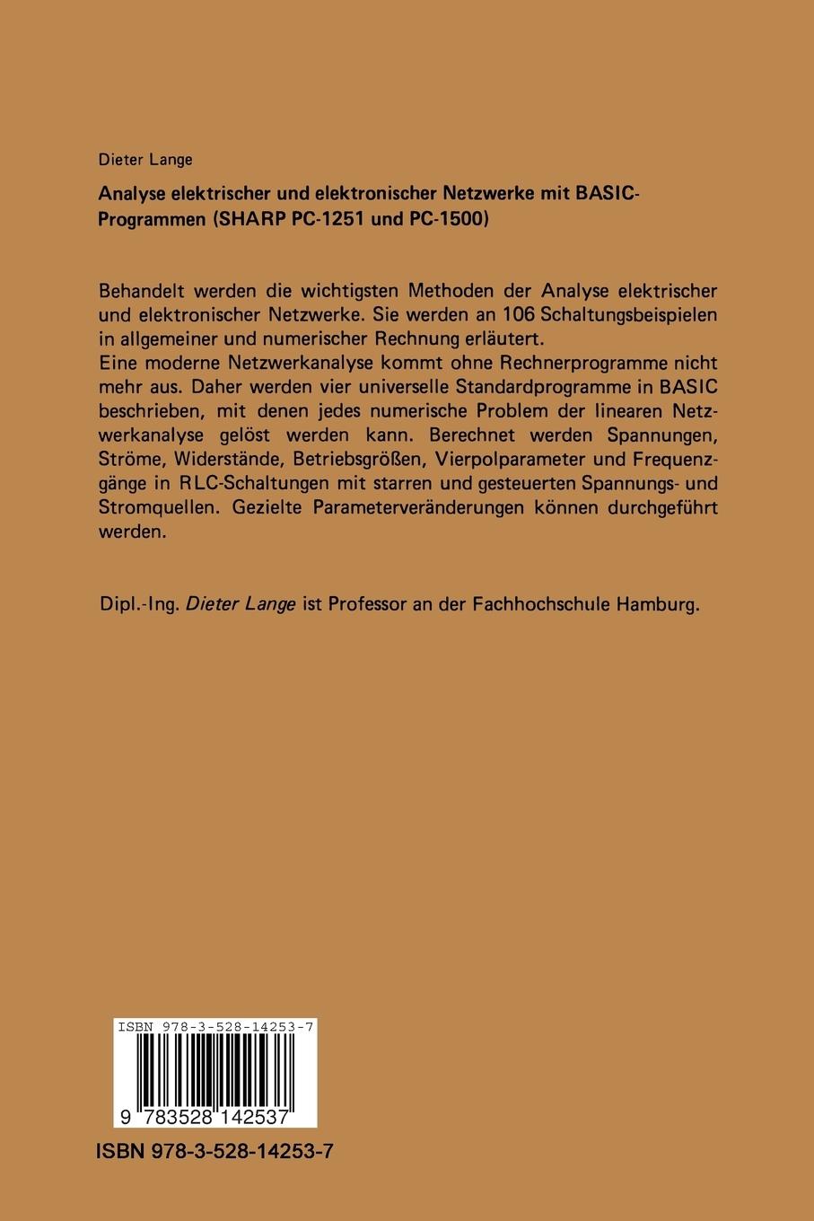 Rückseitencover Analyse elektrischer und elektronischer Netzwerke mit BASIC-Programmen (SHARP PC-1251 und PC-1500)