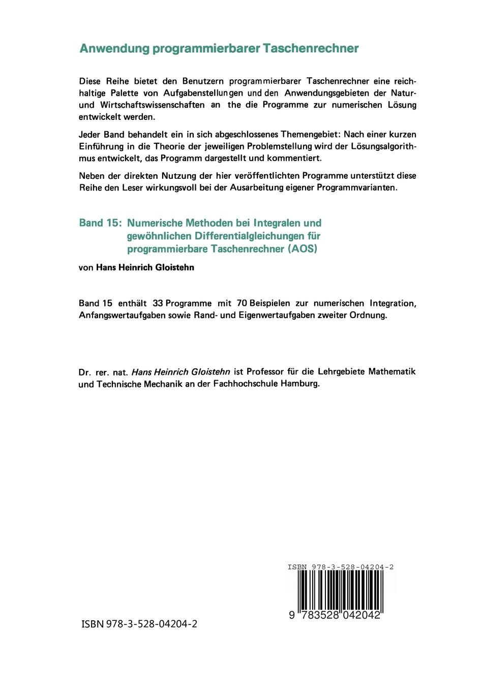 Rückseitencover Numerische Methoden bei Integralen und gewöhnlichen Differentialgleichungen für programmierbare Taschenrechner (AOS)