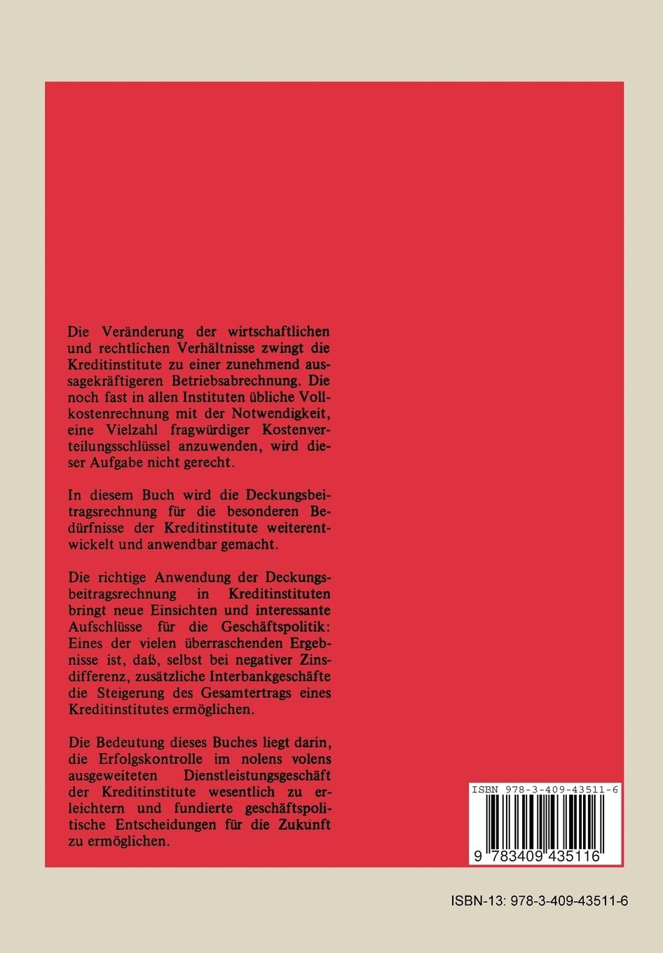 Rückseitencover Die Betriebsabrechnung der Kreditinstitute unter besonderer Berücksichtigung der gesetzlichen Bestimmungen