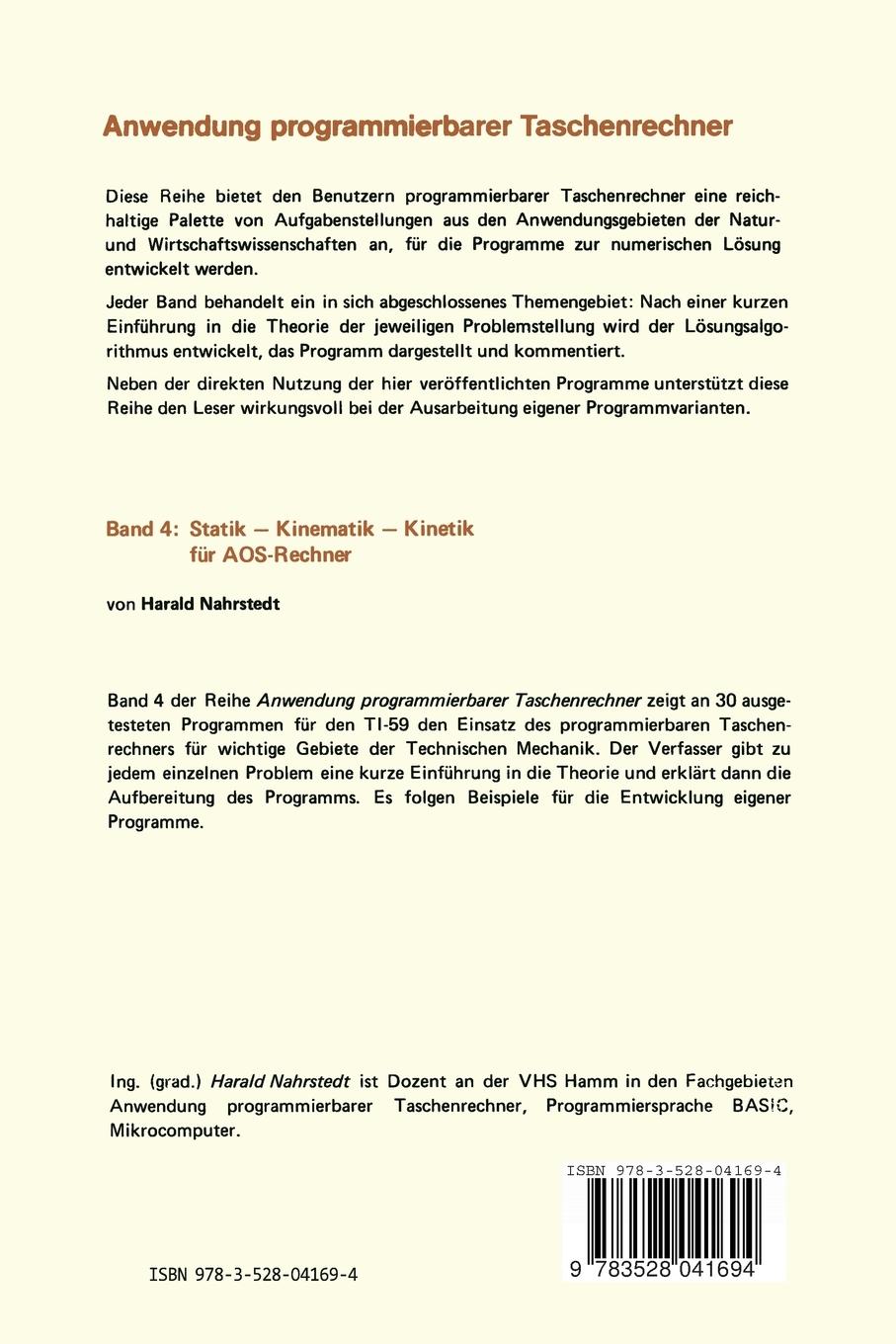Rückseitencover Statik - Kinematik - Kinetik für AOS-Rechner