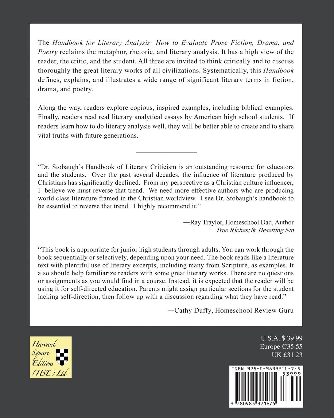 Rückseitencover Handbook for Literary Analysis Book I